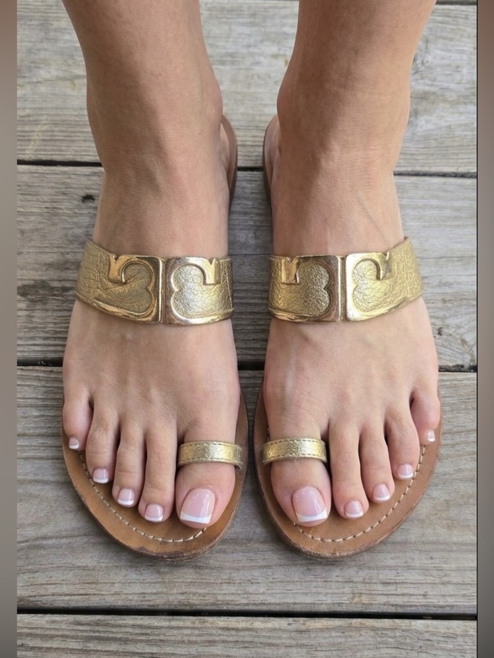 Tory Burch Marcia Gold Metallic Toe Ring Logo Vamp Slide On Sandal Size 8